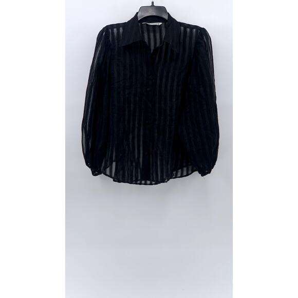 ZARA Women's Black Sheer Striped Regular-Fit Button-Up Long Puff Sleeve Top SZ L - Picture 1 of 10